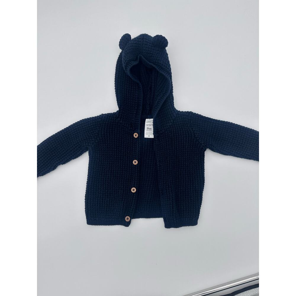 Carter's CARTERS 9m 9 months EUC Navy cable knit Cardigan with BEAR HOODIE EARS